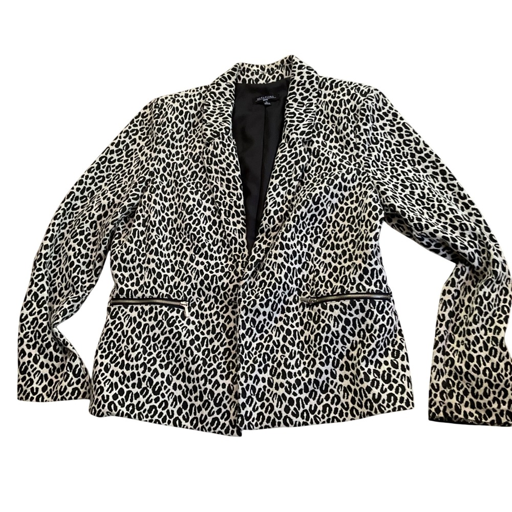 Notations Petite Womens Leopard Print Blazer Black White Zipper Pockets PL
